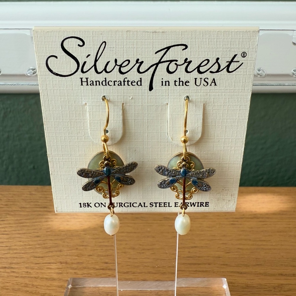 Silver Forest 18K Surgical Steel Dragonfly Earrings w/ Freshwater Pearls - NWT